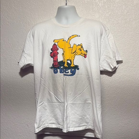 Obey White Tee with Yellow Dog Graphic - Picture 1 of 2
